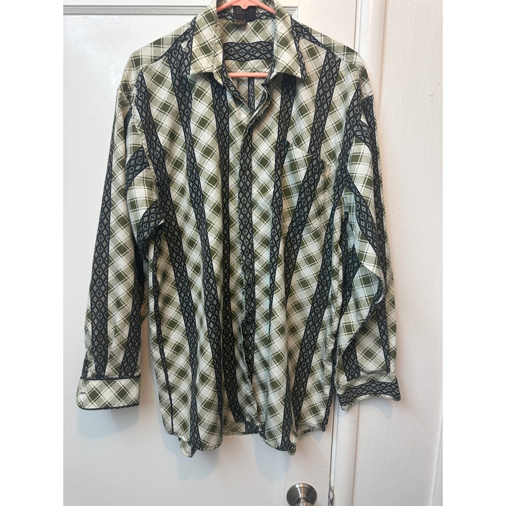 Gigolo‎ Mens Green Plaid Geometric Stripe Peach Skin Button Down Shirt Large
